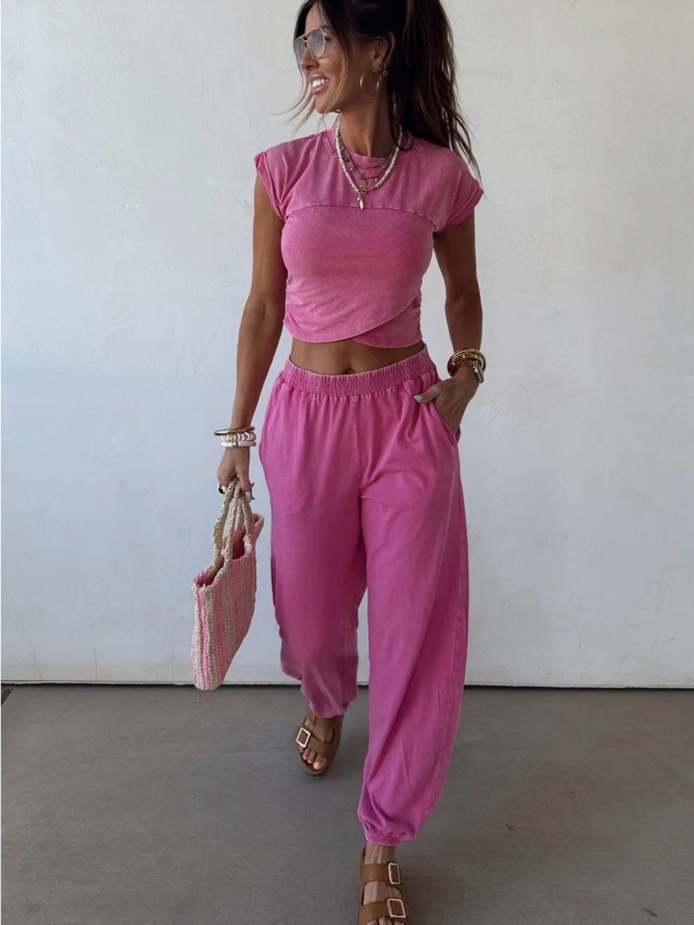 NWT Mineral Washed Crop Top & Jogger Sweatpants Set Pink - Picture 6 of 9